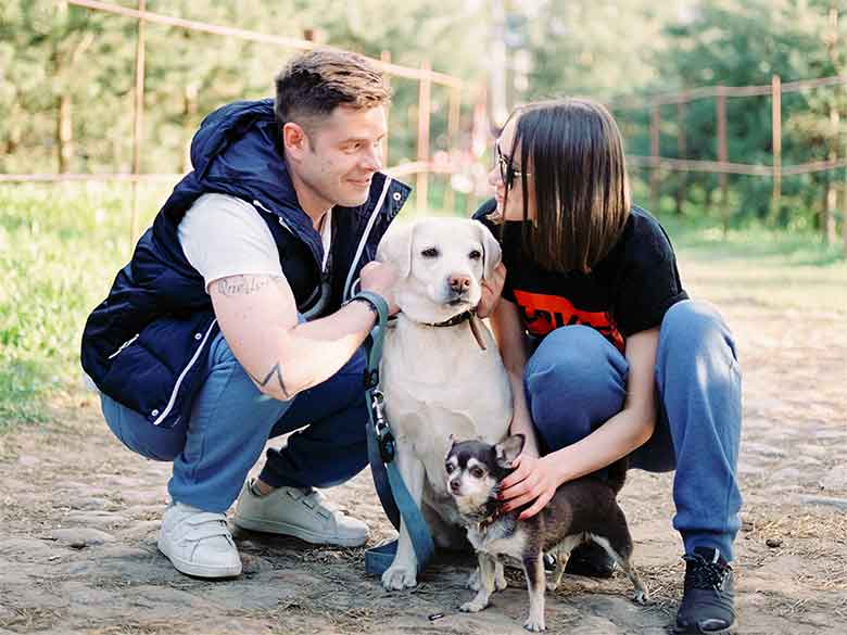 un couple et ses deux chiens